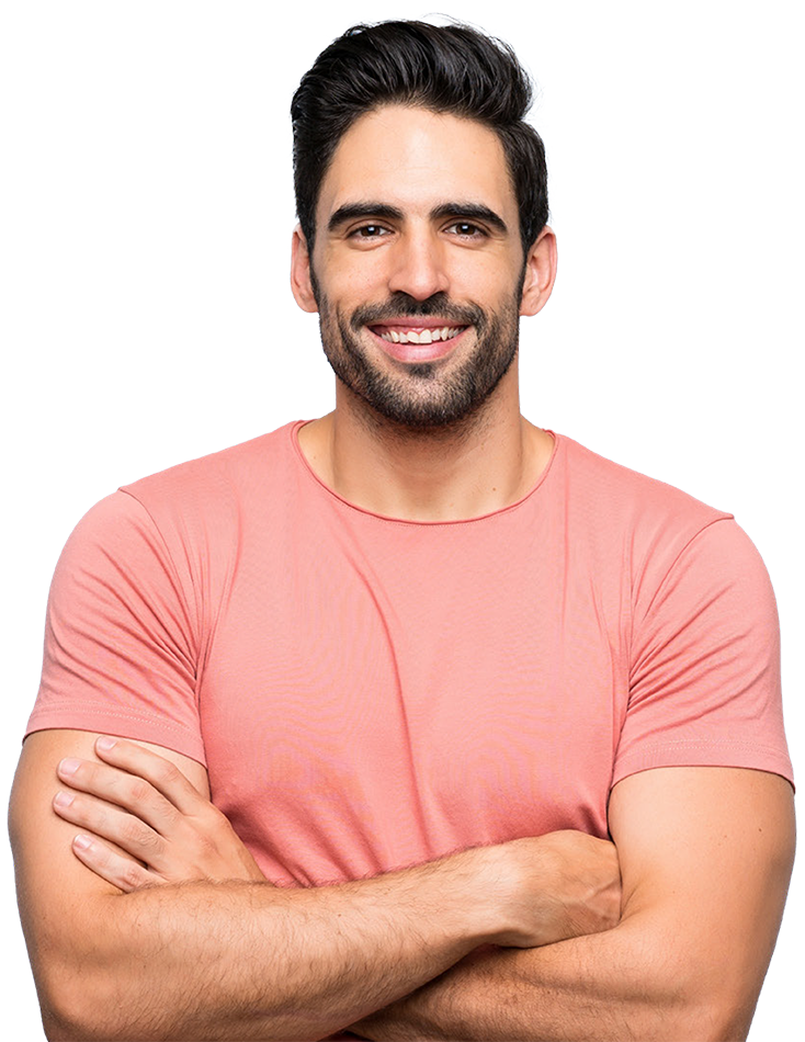 man in pink shirt smiling