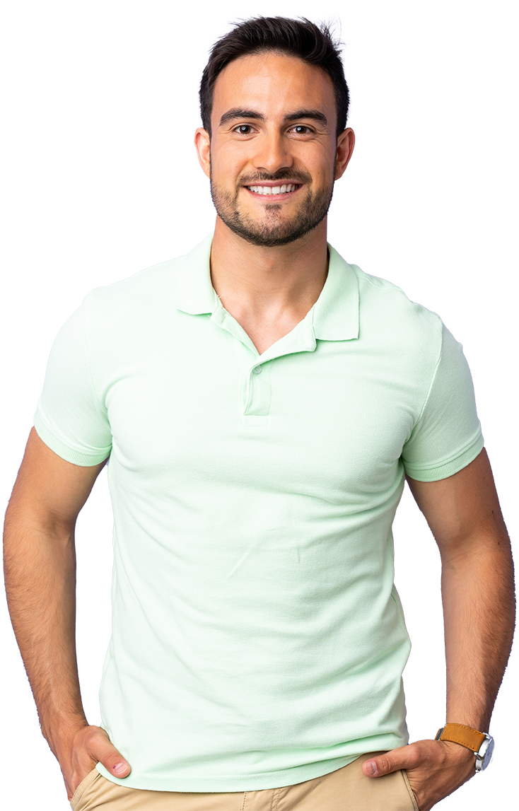 White man smiling in light green shirt