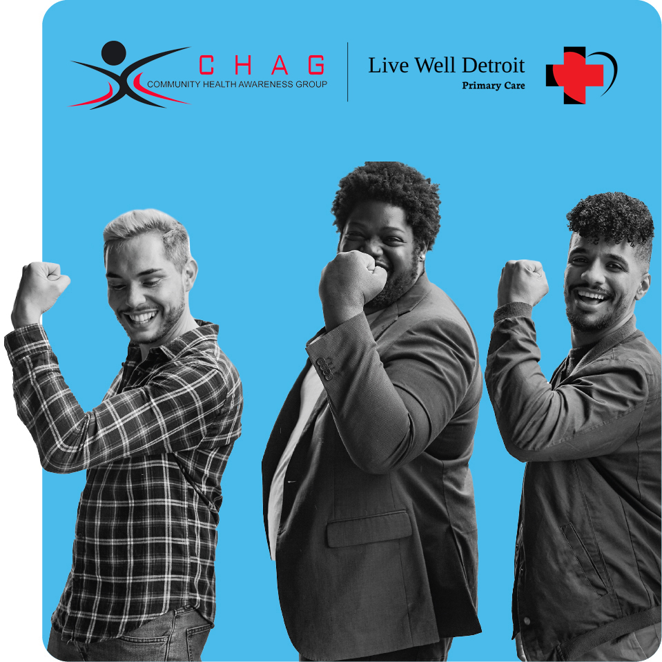 Three men flexing their arms, promoting strength in health for CHAG and the sexual health benefits of PrEP and doxy-PEP for those in Michigan - Q Care Plus