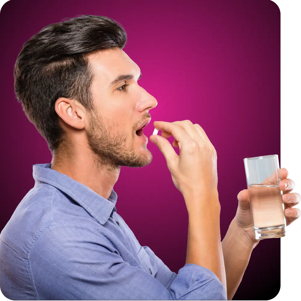 Man in denim shirt swallowing doxyPEP pill