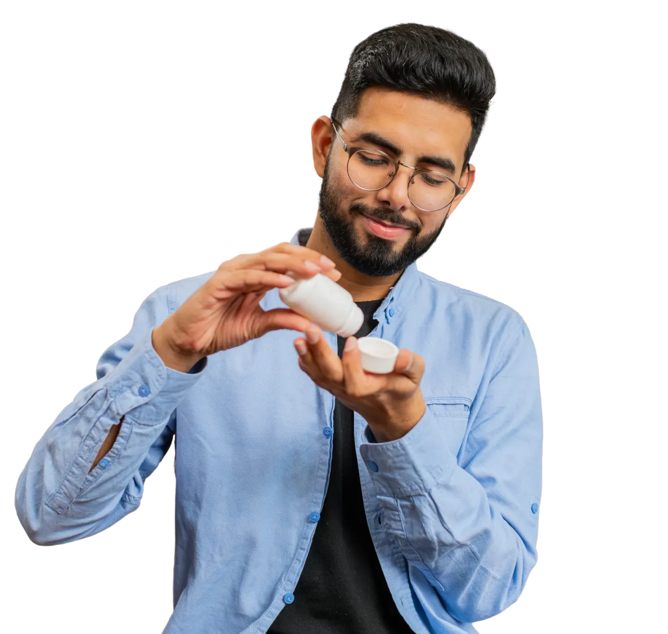 Man looking thoughtfully at a PrEP medication bottle