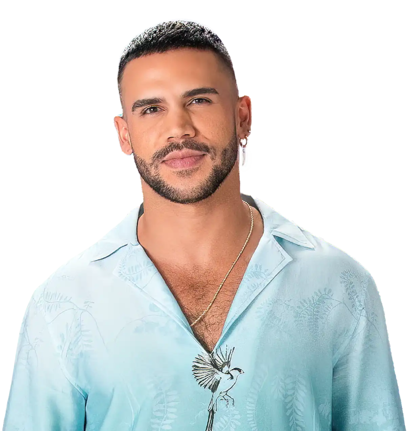 Confident man in a stylish open-collar shirt against a bright blue background, representing easy online access to PrEP and Doxy-PEP with Q Care Plus.